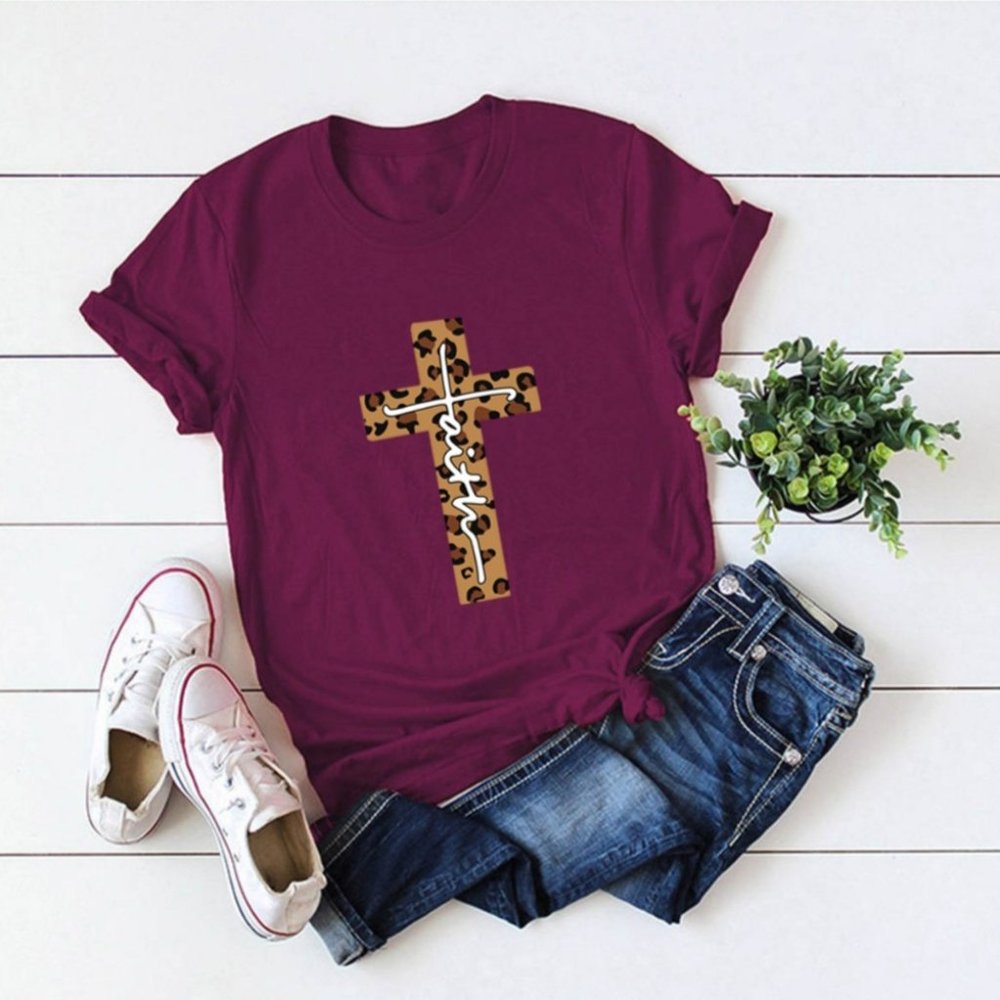 Red Wine with Leopard Cross-Faith T-Shirt